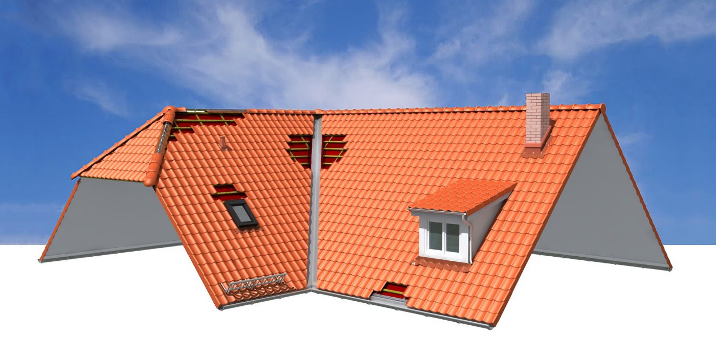 3D illustration Koramic roof. Koramic roof accessories, non-ceramic products for a technical and aesthetic finish.  Rainproof and ventilation possible. Technically and aesthetically pleasing roof finish at support details, cutting lines and vents.  Non-ceramic products:  top-and cornertwill finish, underroof foil, pan hooks connections, confirmation roof tiles, roofend finish and Koraflex Plus.