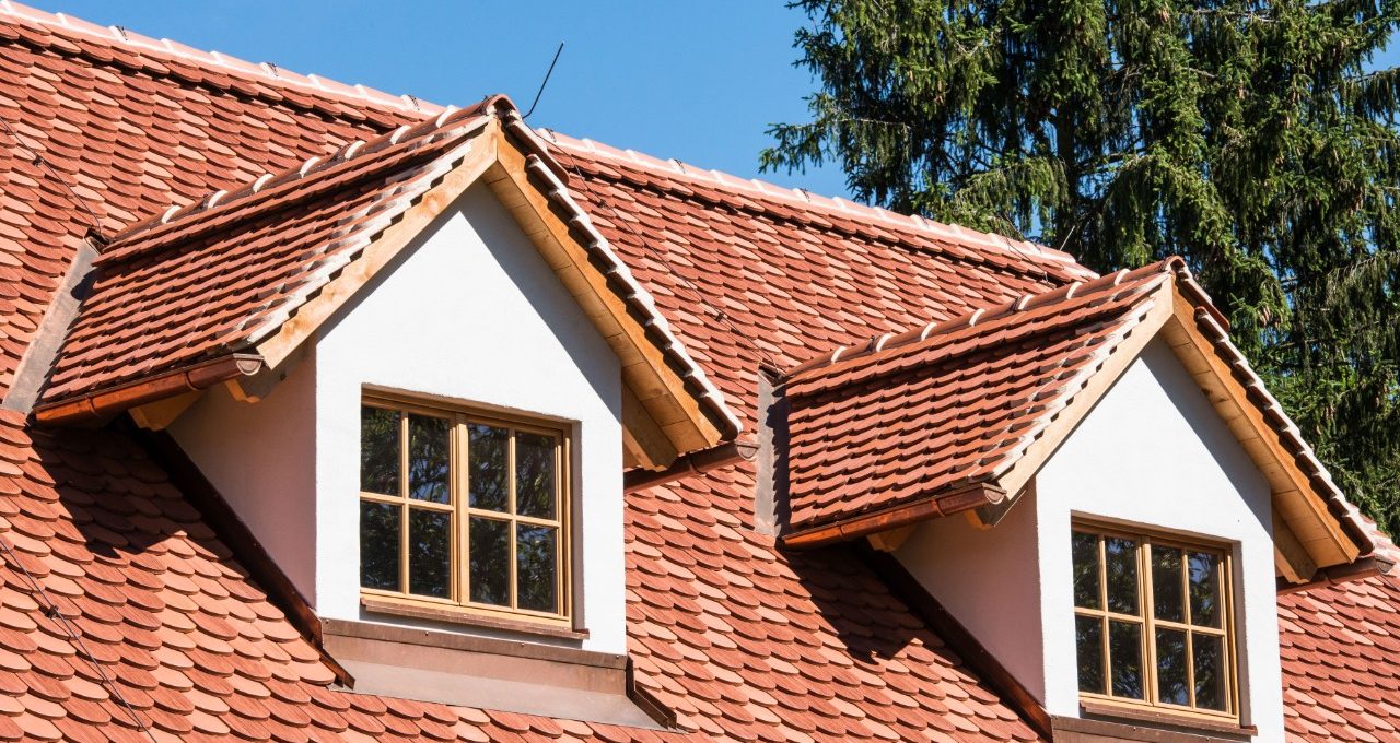 Mansion with Tondach Altstadtpaket Biber natural red, ridgetile, ventilation tile, Landhaus, naturrot, Lüfterziegel, Firstziegel, Ortgang