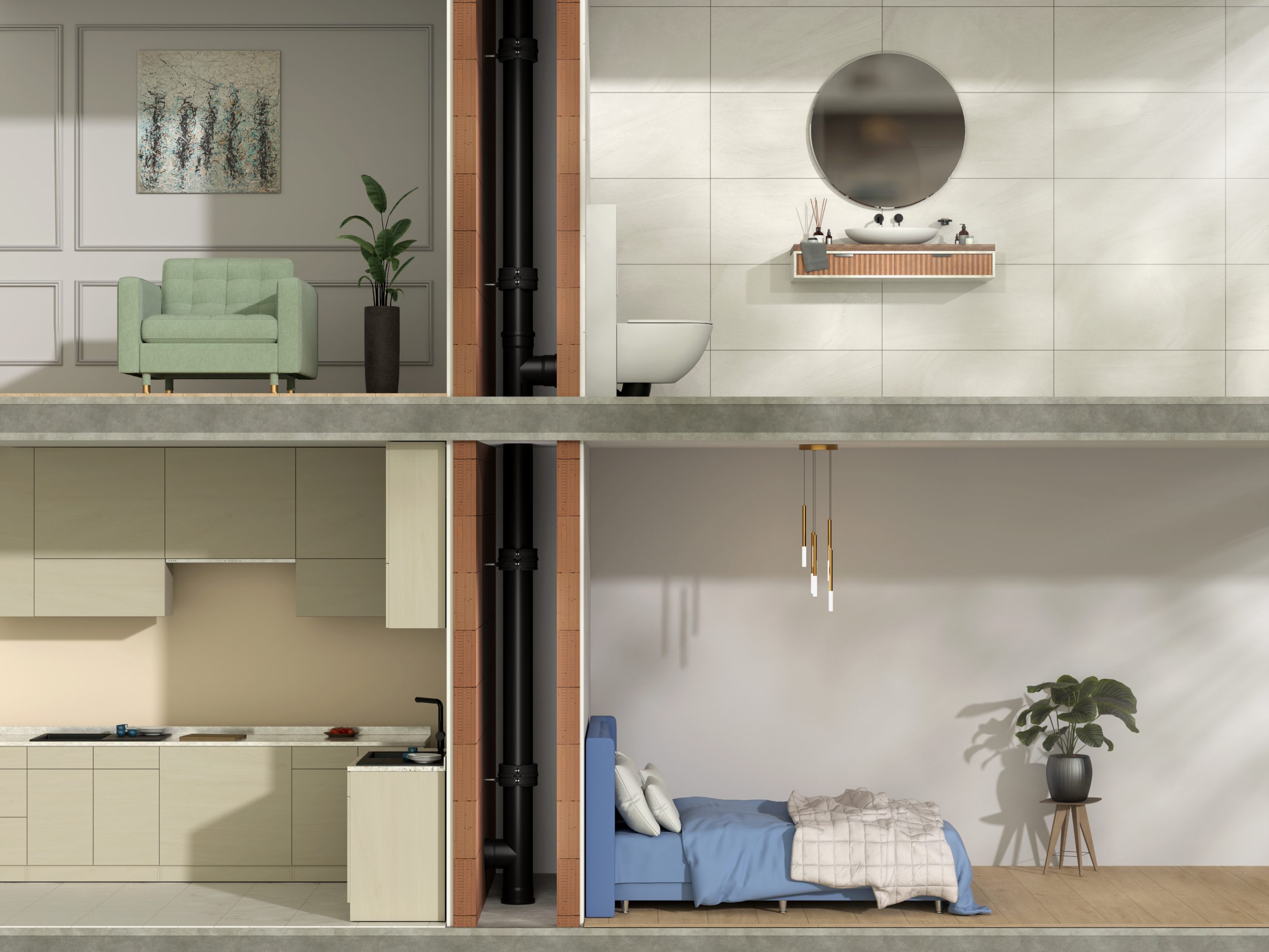 Render višestamebe zgrade u kojoj se vidi vargokal plus cijevi i spojevi